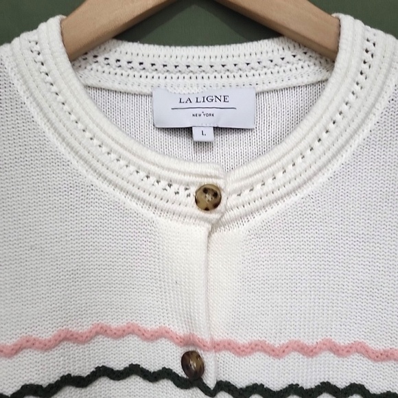 Unworn La Ligne Wool Striped Cotton Collarless Cardigan in White & Multi - Picture 2 of 9